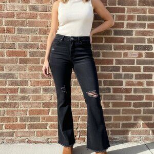 272. Distressed Black High-Waisted Flared Jeans | Size Large | Trendy Retro Fit
